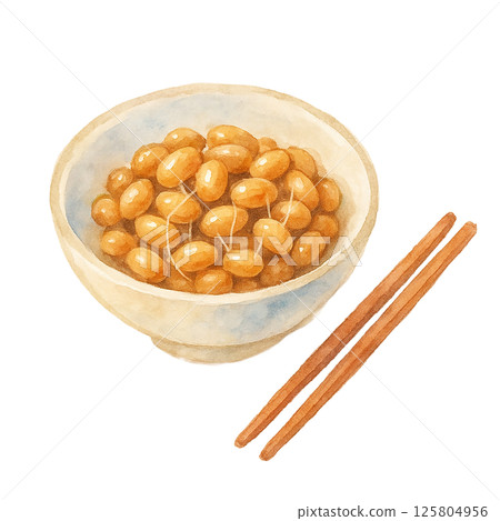 納豆的水彩插圖|發酵食品和日本料理的主食(用筷子,白色背景) 納豆的水彩插圖|發酵食品和日本料理的主食(用筷子,白色背景) 125804956