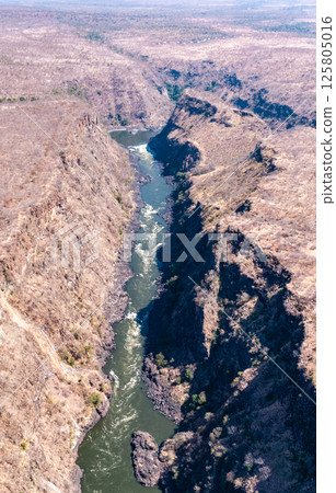 Aerial shot of the down stream gorges of the Zambezi river 125805016