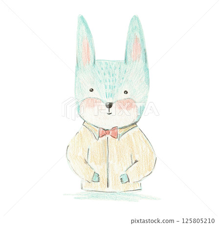 Cute colored pencil hand drawn blue rabbit boy with pink cheeks in yellow shirt. Childish crayon sketch birthday illustration with cheerful hare for greeting card design, invitation, sticker Cute colored pencil hand drawn blue rabbit boy with pink cheeks in yellow shirt. Childish crayon sketch birthday illustration with cheerful hare for greeting card design, invitation, sticker 125805210