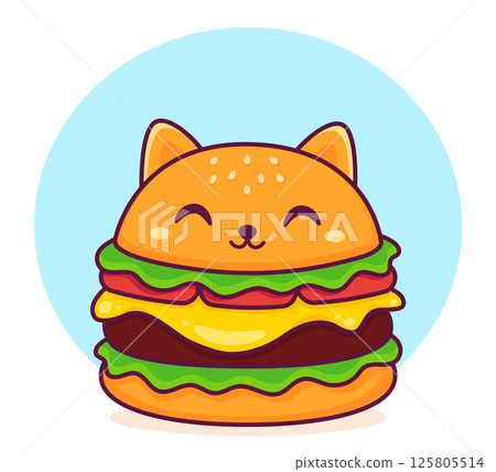 Cute kawaii burger cat. Cartoon cheeseburger. Vector illustration Cute kawaii burger cat. Cartoon cheeseburger. Vector illustration 125805514