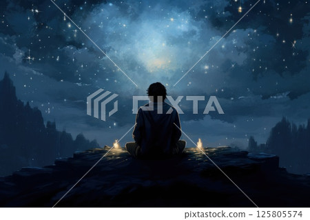 Man meditating on cliff under starry night sky in surreal forest, moon casts bright light over the 125805574