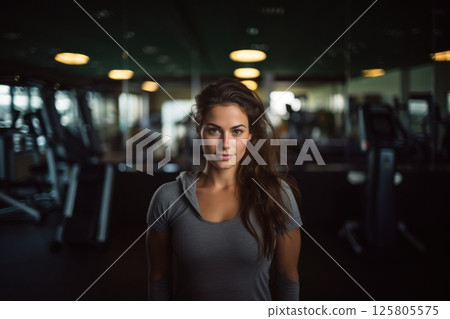 Woman portrait in sportswear during training at gym, fitness girl doing workout 125805575