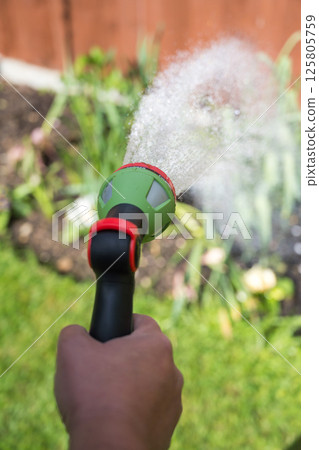 Male hand with hose and water jet watering the garden 125805759