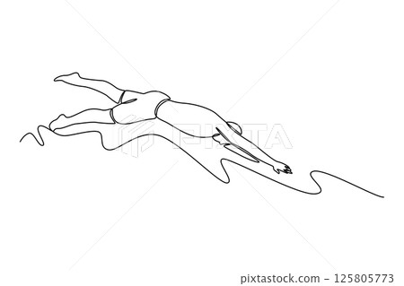 Continuous one line drawing male swimmer with swimsuit and cap jumping into water. Professional athlete swimmer prepares to dive into swimming pool. Single line draw design vector graphic illustration Continuous one line drawing male swimmer with swimsuit and cap jumping into water. Professional athlete swimmer prepares to dive into swimming pool. Single line draw design vector graphic illustration 125805773