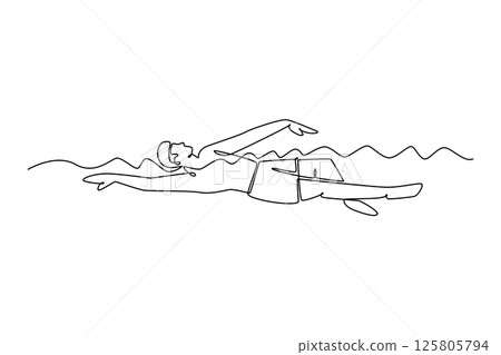 Continuous one line drawing professional male athlete swimming backstroke in the pool. Healthy water sport. Focused and ready for competitive race. Single line draw design vector graphic illustration Continuous one line drawing professional male athlete swimming backstroke in the pool. Healthy water sport. Focused and ready for competitive race. Single line draw design vector graphic illustration 125805794