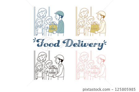 一家人在家門口接收送來的食物 125805985