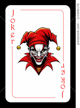 Playing card joker with the image of a jolly jester in a red jesters cap. Red joker Playing card joker with the image of a jolly jester in a red jesters cap. Red joker 125806178