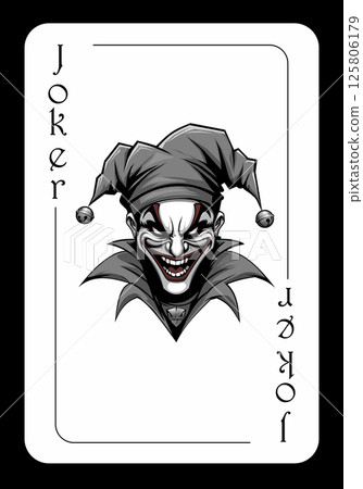 Playing card joker with the image of a jolly jester in a jesters cap. Black joker Playing card joker with the image of a jolly jester in a jesters cap. Black joker 125806179