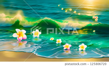 Plumeria and the emerald green sea Plumeria and the emerald green sea 125806720