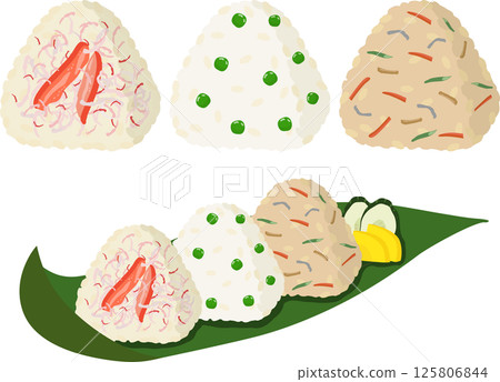 Crab rice, bean rice, and mixed rice onigiri set 125806844