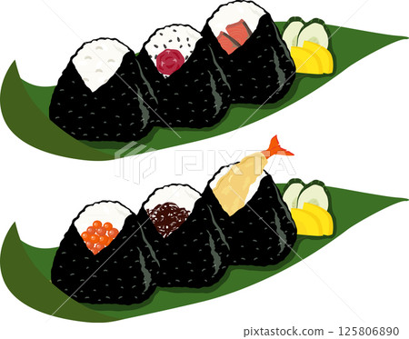 Set of 6 types of onigiri rice balls wrapped in bamboo leaves 125806890