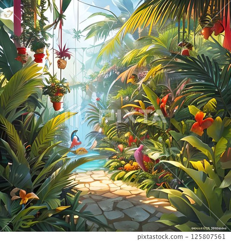 Jungle path in Bali with tropical plants 125807561