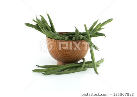 Fresh Green Beans in a Wooden Bowl on White Background Fresh Green Beans in a Wooden Bowl on White Background 125807858