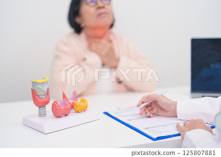 Elderly Patient having Neck pain and consulting  with Doctor to Thyroid disease. Anatomy Thyroid model for Hyperthyroidism, Hypothyroidism, Hashimoto Thyroiditis, Thyroid Tumor and Cancer 125807881
