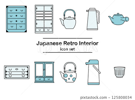 Japanese-style retro interior furniture and miscellaneous goods icon set | Chest of drawers, tea cabinet, kettle, thermos, teacup (solid color) Japanese-style retro interior furniture and miscellaneous goods icon set | Chest of drawers, tea cabinet, kettle, thermos, teacup (solid color) 125808034