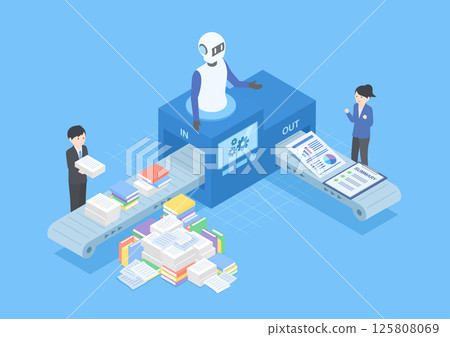 Image of an AI that summarizes a large amount of documents and creates a summary document 125808069