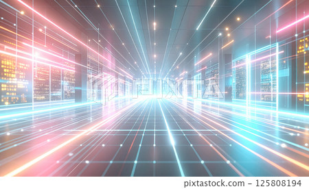 Futuristic digital network landscape with glowing pink and blue connections creates vibrant atmosphere. illuminated lines and reflections evoke sense of advanced technology and innovation 125808194