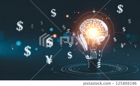 glowing light bulb with digital brain inside symbolizes innovation and intelligence, surrounded by floating currency symbols representing finance and economy. This evokes sense of creativity 125808196