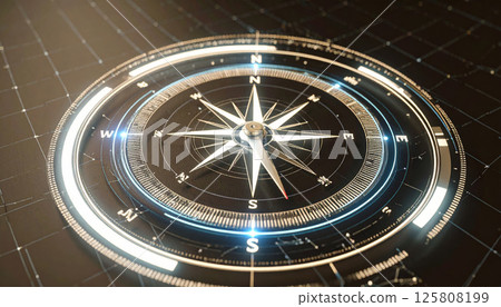 High tech 3D compass with luminous neon blue lines, set against virtual digital map grid background, symbolizes navigation and exploration in modern context 125808199
