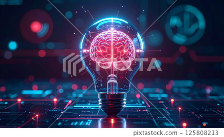 modern light bulb symbolizes innovation, featuring digital brain inside, representing creativity and technology in futuristic setting. glowing elements evoke sense of inspiration and advancement 125808213