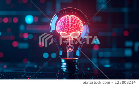 glowing light bulb symbolizes innovation, featuring digital brain inside, representing creativity and technology in modern setting. This evokes sense of inspiration and futuristic thinking 125808214