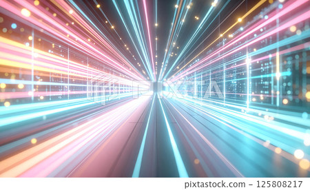 vibrant display of neon pink and blue fiber optic lines radiates outward, creating dynamic sense of movement over sparkling digital surface. bright nodes enhance futuristic atmosphere 125808217