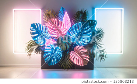 Vivid neon lit tropical leaves create stunning arrangement with vibrant color contrast of fuchsia and electric blue, evoking lively and energetic atmosphere 125808218