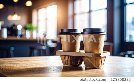 Two paper coffee cups in cardboard holder on wooden table, creating cozy atmosphere perfect for enjoying warm beverage 125808223