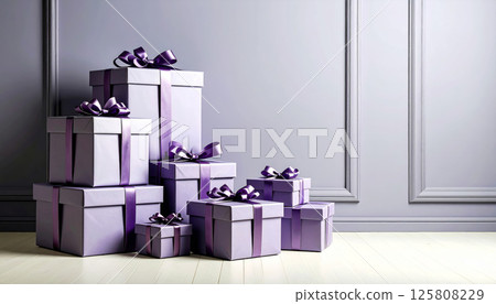 Elegant purple gift boxes stacked against soft gray wall create charming and festive atmosphere, perfect for celebrations and special occasions Elegant purple gift boxes stacked against soft gray wall create charming and festive atmosphere, perfect for celebrations and special occasions 125808229