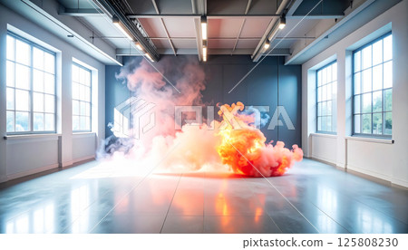 vibrant display of firefly red smoke billows across modern, spacious room with large windows, creating dramatic contrast against sleek, minimalist design. atmosphere is filled with energy vibrant display of firefly red smoke billows across modern, spacious room with large windows, creating dramatic contrast against sleek, minimalist design. atmosphere is filled with energy 125808230