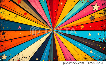 Colorful retro pop art background with dynamic lines radiating from center, featuring stars and vibrant colors that create energetic and lively atmosphere Colorful retro pop art background with dynamic lines radiating from center, featuring stars and vibrant colors that create energetic and lively atmosphere 125808231