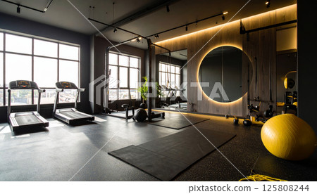 modern fitness studio featuring treadmills, exercise mats, and large circular mirror. space is well lit with natural light and has sleek design, promoting healthy lifestyle and personal fitness 125808244