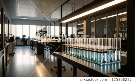 modern laboratory setting featuring row of test tubes filled with blue liquid, illuminated by overhead lighting. spacious environment is equipped with various scientific instruments modern laboratory setting featuring row of test tubes filled with blue liquid, illuminated by overhead lighting. spacious environment is equipped with various scientific instruments 125808252