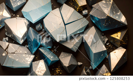 Stunning blue and gold geometric crystals scattered on dark surface create captivating visual. sharp edges and reflective surfaces enhance beauty of these unique mineral formations Stunning blue and gold geometric crystals scattered on dark surface create captivating visual. sharp edges and reflective surfaces enhance beauty of these unique mineral formations 125808253