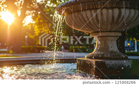 vintage architectural water fountain with detailed sculpting, featuring sparkling streams of water illuminated by warm glow of setting sun, creates serene atmosphere vintage architectural water fountain with detailed sculpting, featuring sparkling streams of water illuminated by warm glow of setting sun, creates serene atmosphere 125808266