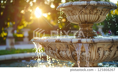 vintage architectural water fountain with detailed sculpting, sparkling streams of water glistening in sunlight, creating serene and tranquil atmosphere vintage architectural water fountain with detailed sculpting, sparkling streams of water glistening in sunlight, creating serene and tranquil atmosphere 125808267