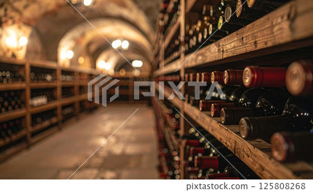 vintage wine cellar filled with diverse bottles lined up on rustic wooden racks, creating warm and inviting atmosphere perfect for wine enthusiasts vintage wine cellar filled with diverse bottles lined up on rustic wooden racks, creating warm and inviting atmosphere perfect for wine enthusiasts 125808268