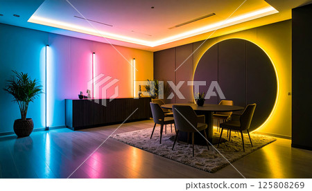 modern dining room featuring stylish furniture and vibrant lighting. space is illuminated with colorful LED lights, creating warm and inviting atmosphere. elegant design includes round table 125808269