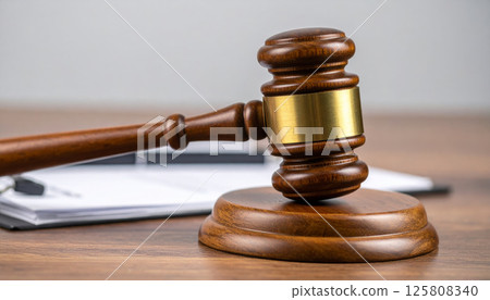 close up of wooden judge gavel resting on sound block, with legal document in background, symbolizes justice and authority in courtroom setting close up of wooden judge gavel resting on sound block, with legal document in background, symbolizes justice and authority in courtroom setting 125808340