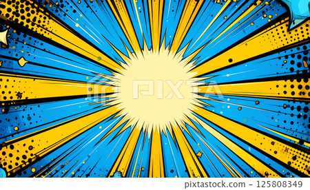 Vibrant explosion frame with dynamic rays in blue and yellow, featuring scattered dotted patterns that create energetic and eye catching visual effect 125808349