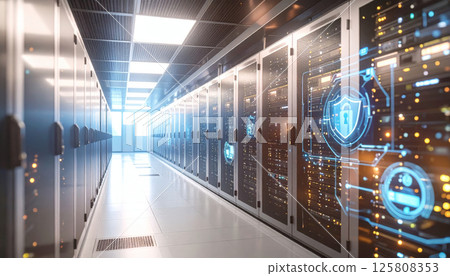 modern data center corridor featuring rows of server racks illuminated by soft lighting, showcasing high tech environment with digital security icons. atmosphere conveys sense of advanced 125808353