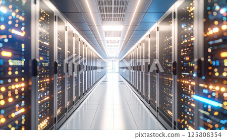modern server room filled with advanced technology, showcasing rows of servers with illuminated lights, creating vibrant and high tech atmosphere 125808354