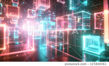 vibrant digital landscape featuring translucent glowing cubes with neon pink and blue highlights, creating futuristic atmosphere filled with energy and depth 125808361