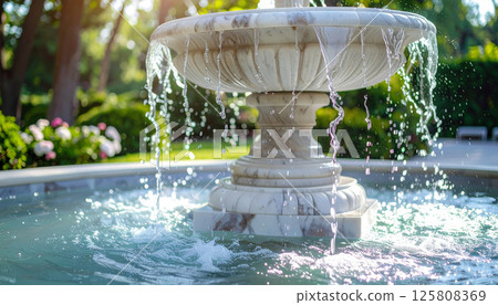 Elegant classical marble fountain with cascading water streams creates serene atmosphere in lush garden. sunlight enhances beauty of water, inviting tranquility Elegant classical marble fountain with cascading water streams creates serene atmosphere in lush garden. sunlight enhances beauty of water, inviting tranquility 125808369