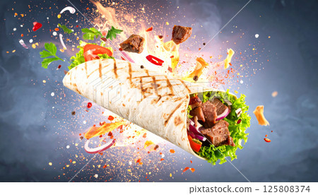 Epic explosion of beef kebab wrap featuring tender meat slices, fresh greens, and spicy seasonings, creating vibrant and dynamic culinary scene 125808374