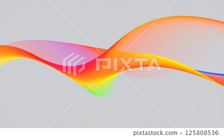 Modern abstract design featuring flowing waves in vibrant orange and rainbow gradients on soft grey background, creating sense of movement and energy 125808536