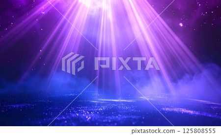 cosmic environment with purple and blue spotlights shining through misty atmosphere, creating magical scene filled with glowing particles and starlike effects cosmic environment with purple and blue spotlights shining through misty atmosphere, creating magical scene filled with glowing particles and starlike effects 125808555