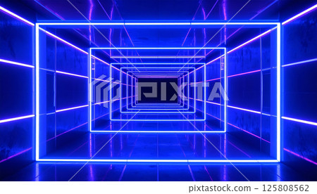 vibrant tunnel illuminated with blue and magenta neon lights creates mesmerizing, retro inspired atmosphere. glowing reflections enhance dreamy, surreal experience of this space vibrant tunnel illuminated with blue and magenta neon lights creates mesmerizing, retro inspired atmosphere. glowing reflections enhance dreamy, surreal experience of this space 125808562