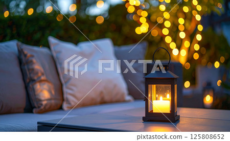 Cozy outdoor lounge with glowing candle lantern on table, soft cushions on stylish sofa, and warm bokeh lights in background create serene atmosphere for relaxation Cozy outdoor lounge with glowing candle lantern on table, soft cushions on stylish sofa, and warm bokeh lights in background create serene atmosphere for relaxation 125808652