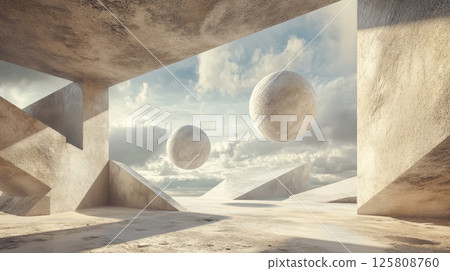 Geometric concrete structures and floating spheres create a surreal architectural space under a cloudy sky AI generated 125808760